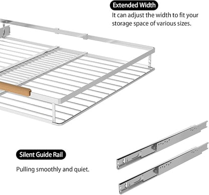 Pull Out Cabinet Organizer Expandable Slide Out Kitchen Cabinet Drawer Heavy Duty Stainless Steel Storage Shelf Rack for Base Cabinet Pantry Closet Under Sink Divider Organization