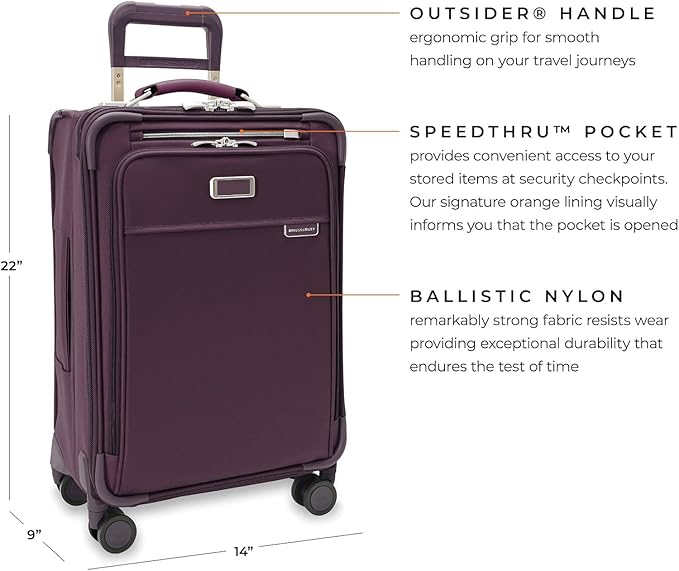 Briggs & Riley Essential 22" Carry On Expandable Spinner - Luggage for Travel, Suitcases with Wheels, Softside Rolling Bag for Men & Women, Self-Repairing Zipper - Baseline Collection, Plum