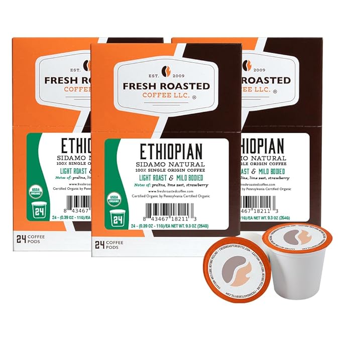 Fresh Roasted Coffee, Organic Ethiopian Sidamo Natural | USDA Organic, 100% Single Origin, Kosher | Light Roast 72 Pods for K Cup Brewers