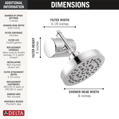 Delta Faucet 5-Setting Shower Head Chrome with Clarifi Standard Shower Filter Attachment with Filter