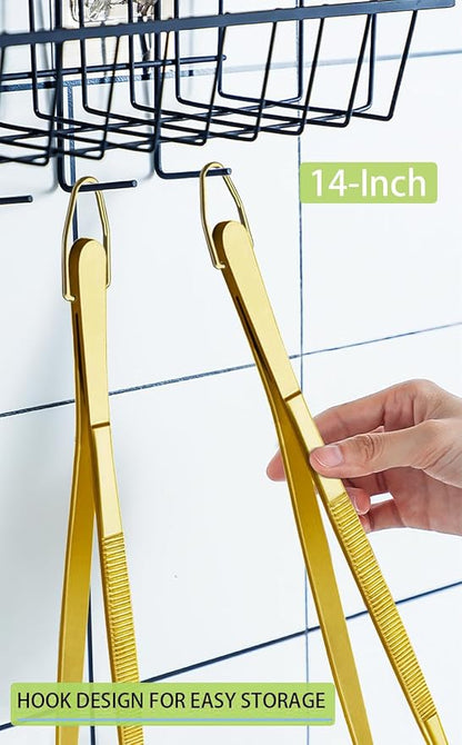 JETKONG 2 Pcs 14-Inch Cooking Tweezers Extra Long Stainless Steel Food Tweezers Kitchen Tweezer Tongs (Gold)