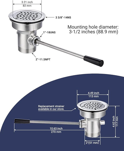 3-1/2" Commercial Sink Drain with Straight Lever Handle, Waste Drain Valve Without Overflow Inlet for Restaurant 2/3 Compartment Sink, Easy Controll, Block-Free and Leakproof