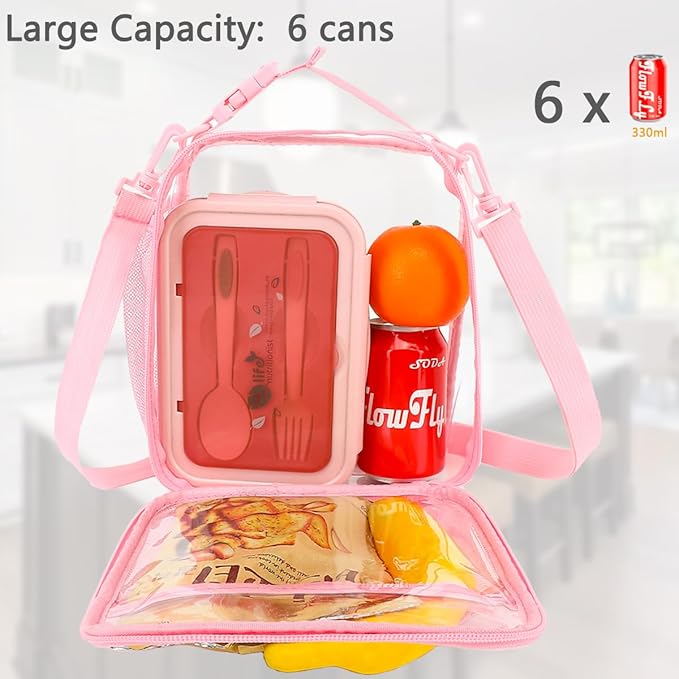 FlowFly Kids Lunch box Insulated Soft Bag Mini Cooler Back to School Thermal Meal Tote Kit for Girls, Boys, PinkClear