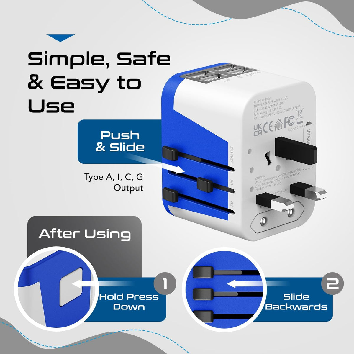 Ceptics Universal Travel Adapter Plug World Power W/ 4 USB Ports - Charge Cell Phones, Smart Watches, iPhones - For International Europe, China, UK, UAE, Australia - Type A, C, G, I