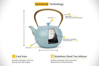 Tea Kettle, Toptier Japanese Cast Iron Tea Kettle for Stove Top, Stovetop Safe Teapot with Infusers for Loose Tea, 34 Ounce (1000 ml), Turquoise Melody