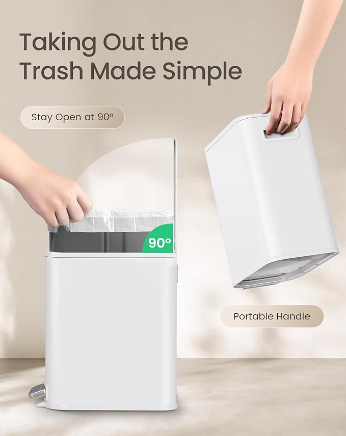 Cesun Small Bathroom Trash Can with Lid Soft Close, Step Pedal, 5 Liter / 1.3 Gallon Stainless Steel Garbage Can with Removable Inner Bucket, Waste Basket for Bathroom, Bedroom (White)