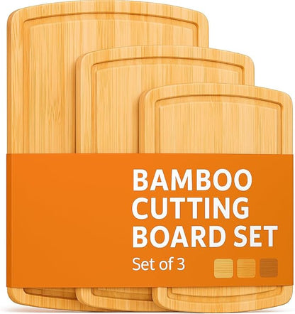 Wood Cutting Boards for Kitchen - Bamboo Cutting Board Set with Deep Juice Groove & Side Handles - Carving Chopping Board Butcher Block for Meat, Vegetables, Charcuterie, Cheese, Serving, or Meal Prep