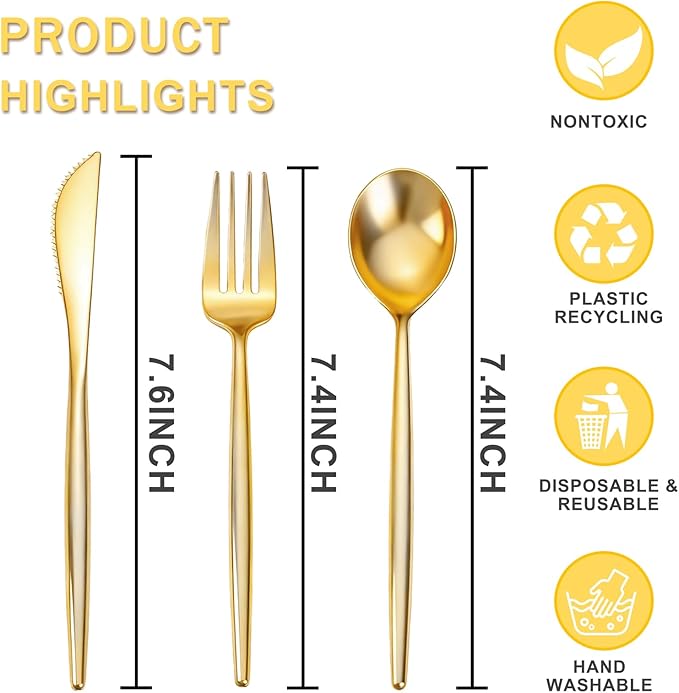 Rubtlamp 90Pcs Gold Plastic Silverware, Gold Disposable Thanksgiving Utensils, Plastic Cutlery Include 30 Plastic Knives, 60 Forks and Spoons, Fancy Plastic Silverware Heavy Duty for Thanksgiving