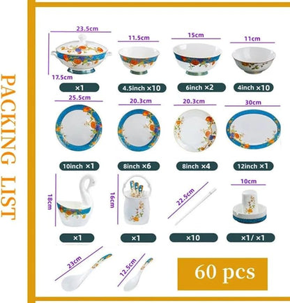 60 Pieces of 10-12 People Bone China Bowl and Plate Dinnerware Set Pomegranate