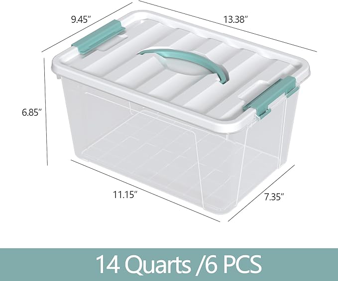 Zopnny 14 Quart Plastic Lidded Storage Bin with Handle, Clear Latching Box with White Lid, 6 Packs