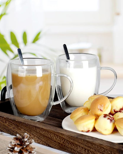 LIBWYS 4 Pack Double Walled Coffee Cups Glasses Mugs 12oz, Espresso Cappuccino Latte Tea Cups with Handle, Heat Resistant Borosilicate Clear Glasses 350ml