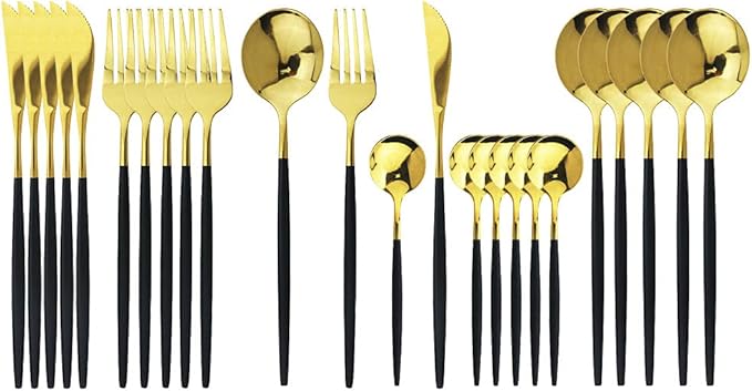 JASHII Flatware Serving Set 24 Piece, Stainless Steel Silverware Set, Titanium Black Gold Cutlery Set, Modern Elegant Tableware Set for Party, Christmas, Dinner (Black Gold)