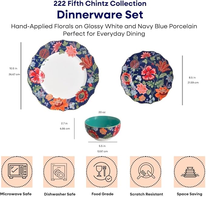 222 Fifth 12-Piece Porcelain Dinnerware Set for 4, White & Parisian Blue Plates and Bowls Set with Gold Rim, Glossy Ceramic Dish Set with Detailed Floral Design, Microwave & Dishwasher Safe, Chintz