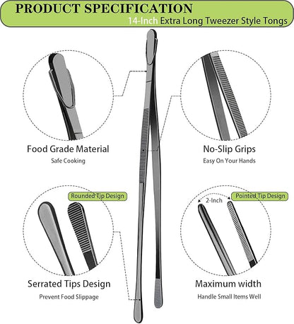JETKONG 2 Pcs 14-Inch Food Tweezer Tongs Extra Long Stainless Steel Kitchen Tweezer Cooking Tweezers (Black)