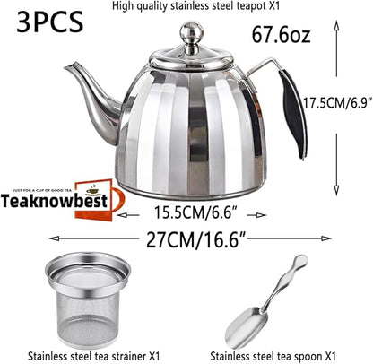 Stainless Steel Tea Pot with Removable Infuser - Loose Leaf Tea Maker, Home & Kitchen Teapot - Large 67.6 oz, Stovetop Safe Teapot for Tea/Coffee, Mirror Finish (2000ml)