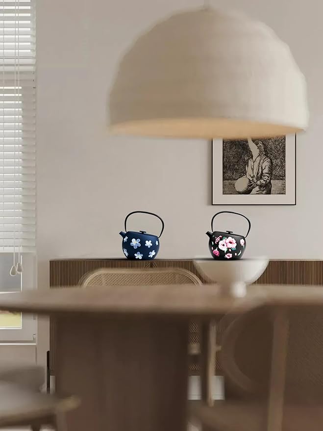 Toptier Teapot with Removable Infuser, Cast Iron Tea Kettle Stovetop Safe, Solid Geometry Ball Design Tea Pot Coated with Enameled Interior for 32 Ounce (950 ml), Navy Flower