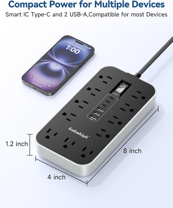 10FT Extension Cord with USB Ports- Power Strip with USB, 1625W Multi Outlet with 11 AC Outlet 6 USB (24W/4.8A), Charging Station for Multiple Devices, for Home, Office, Dorm, Gaming Room Essentials