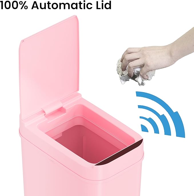 iTouchless 3 Gallon Sensor Pink Bathroom Trash Can, 10 Liter Small Slim Automatic Touchless Garbage Bin with Lid, Smart Narrow Motion Control Commercial Waste Basket for Bedroom, Office