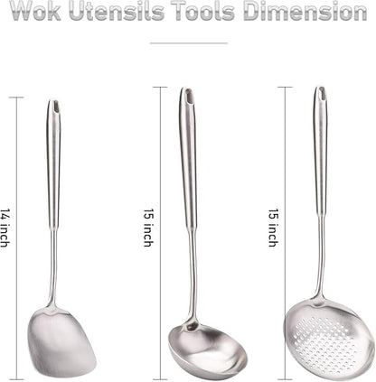 FJNATINH 4-Pieces 304 Stainless Steel Wok Spatula Set,Cooking Utensil Set,Soup Ladle Colander,Nonstick Kitchen Cooking Utensils Set with Spatula,Kitchenware Tools