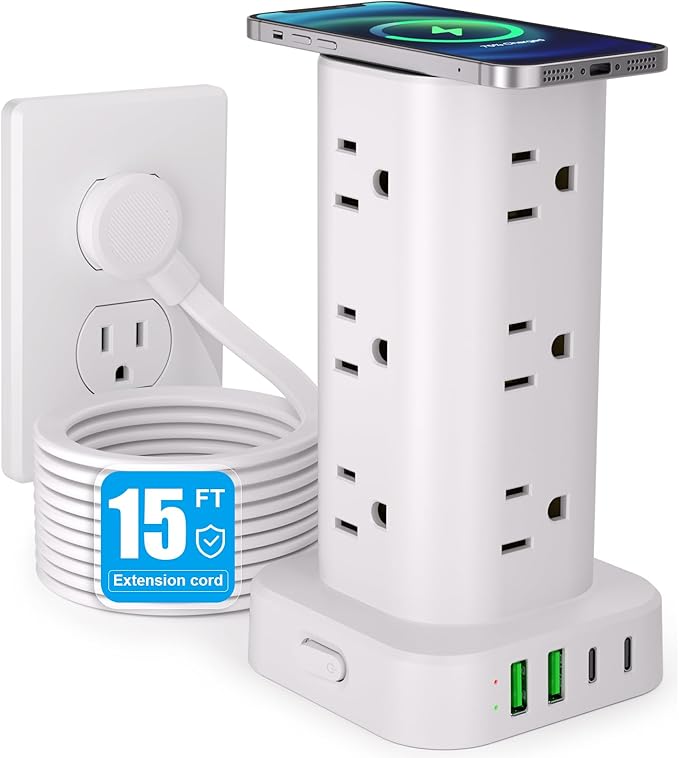 Power Strip Tower with Wireless Charger, Flat Plug Surge Protector Tower with 15FT Extension Cord, 12 AC Multiple Outlets, 4 USB (2 USB C),15W Wireless Charging Power Tower for Home Office Dorm,White
