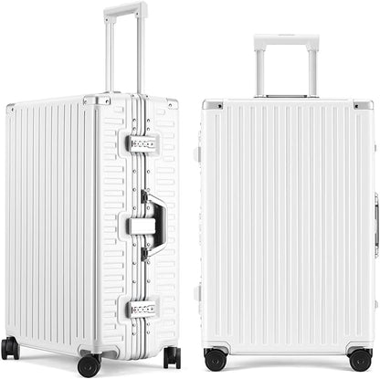 ROAMING Zipperless Luggage 24 Inch with Aluminum Frame, 3-Layer PC Trunk-Medium Lightweight Hard Shell Suitcase with Spinner Wheels, Metal Travel Luggage with Double TSA Locks, Shell white