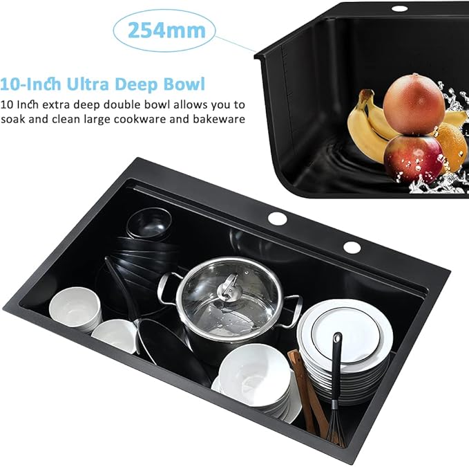 33 Inch Black Drop In Kitchen Sink Workstation-Bokaiya 33x22 Black Stainless Steel Kitchen Sinks Top Mount Ledge Workstation 16 Gauge 10" Deep Single Bowl Kitchen Sink with Cutting Board