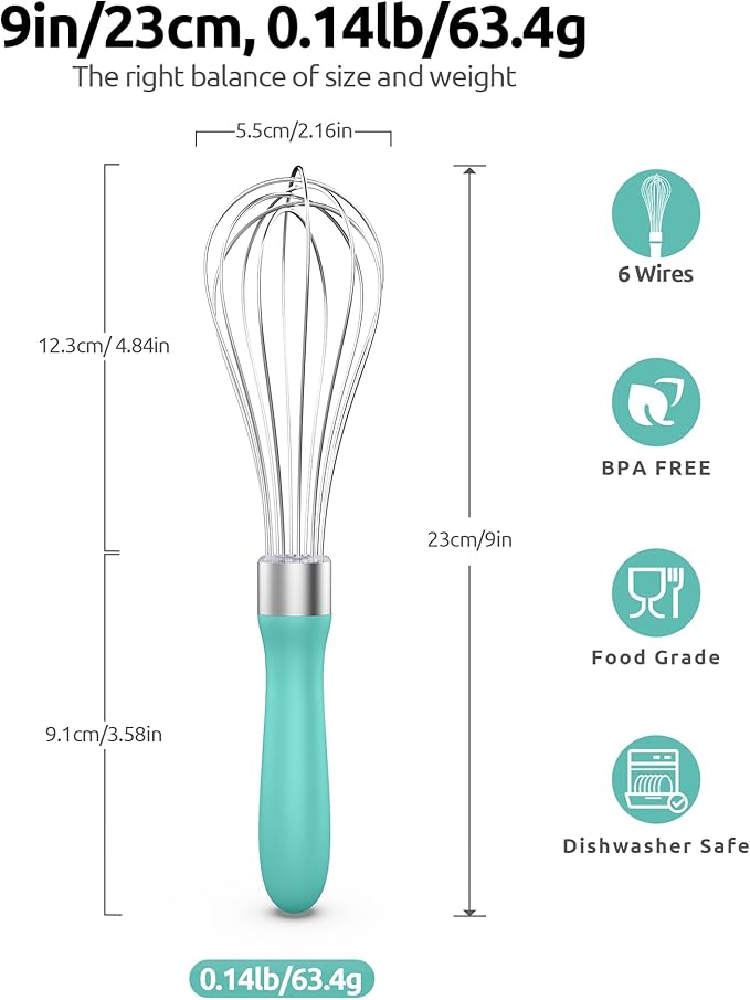 U-Taste 9" Small Egg Whisk: 18/10 Stainless Steel Kitchen Cooking Wire Balloon Wisk, Heavy Duty Metal Beater Stirrer, Manual Baking Tool with 6 Flex Wires for Hand Mixing, Blending Sauce (Aqua Sky)