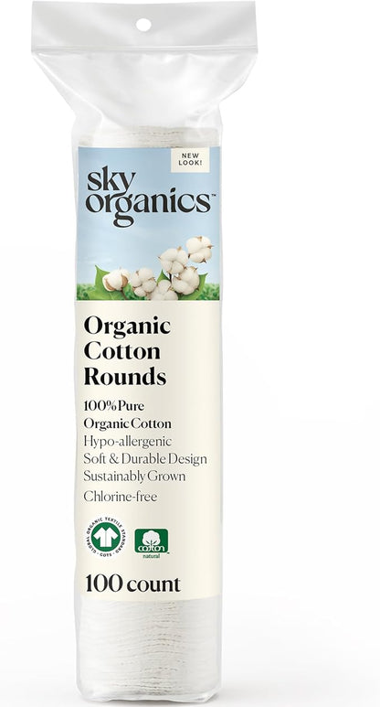 Sky Organics Organic Cotton Rounds for Sensitive Skin, 100% Pure GOTS Certified Organic for Beauty & Personal Care, 100 ct. w Ebook