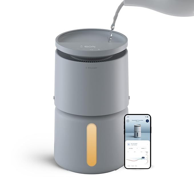 BLUEAIR Room Humidifier - DreamWell - 48Hr Top-Fill Mist-Free InvisibleMist Technology Aroma Stone for Essential Oils and Soothing Mood Lighting - Quiet Operation for Bedroom and Home Use, Grey