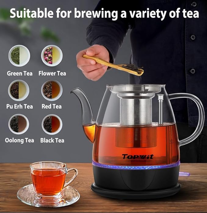 Topwit Electric Kettle Glass, For Hot Water, Tea and Coffee Dual Purpose Design, BPA-Free, 1L Pour Over Removable Stainless Steel Infuser, Auto-shut Off & Boil-dry Protect