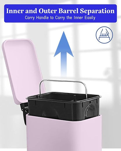Bathroom Trash Can with Lid, 1.3 Gallon Trash Can with Removable Inner Bucket, Stainless Steel Garbage Can, Soft Close, Slim Pedal Trash Bin for Small Place, 5 Liters, Pink