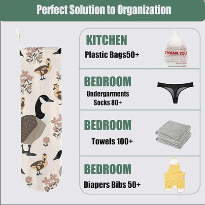 Duck Gifts Plastic Bag Holder, Wall Mount Grocery Bag Holder for Plastic Bags, Pull Rope Free Adjustment, Washable Reusable Grocery Bags Storage Dispenser for Home Kitchen, Flower Gifts for Women Mom