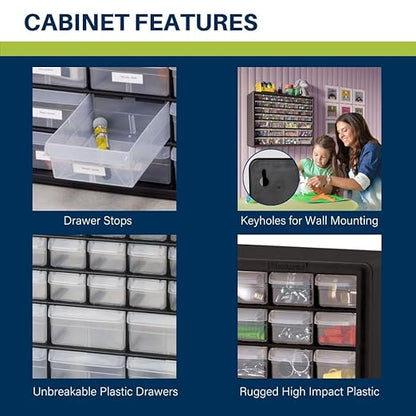 Akro-Mils 44-Drawer Plastic Drawer Storage Cabinet for Garage Organization, Bead Organizer, Building Bricks Storage, Teacher Toolbox, Makeup Organizer, 20-Inch W x 6-Inch D x 16-Inch H, 10144 White
