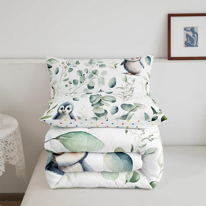 Erosebridal Cartoon Penguin Full Comforter Set Toddler Woodland Wildlife Bedding Set, Plant Bedding Comforter Sets Eucalyptus Leaf Duvet Set, Antarctic Animal Theme Quilted Comforter Kids Room Decor