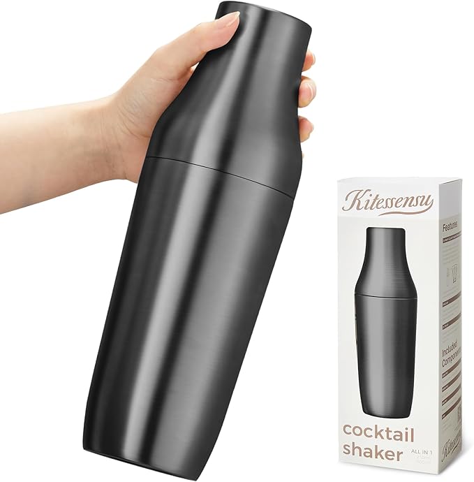 Kitessensu Hybrid Cocktail Shaker | Vacuum Insulated Stainless Steel Martini Shaker with Double Wall Martini Cup | Integrated Measuring System | Tumbler Lid & Cocktail Recipes Included | Matte Black
