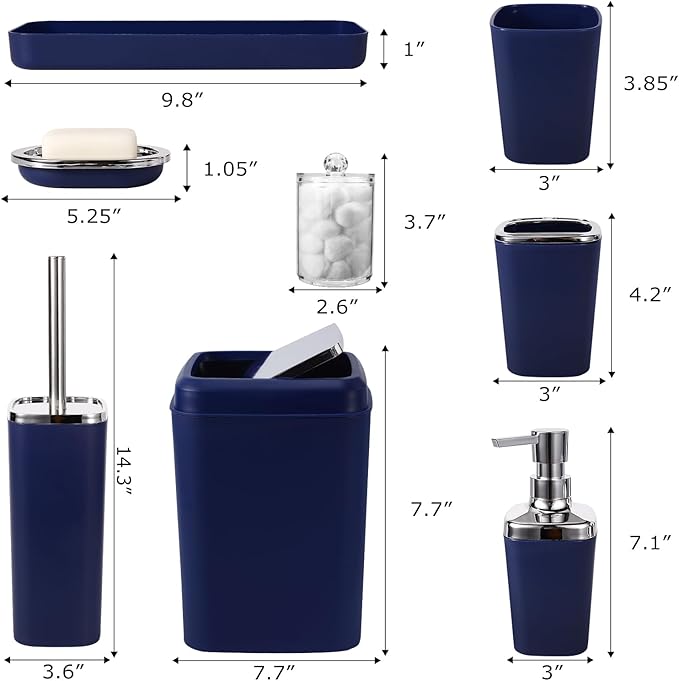 Navy Blue Bathroom Accessories Set, 9-Piece Plastic Gift Set with Trash Can, Toothbrush Holder, Toothbrush Cup, Soap Dispenser, Soap Dish, Toilet Brush Holder,2 Qtip Holder Dispensers and Tray