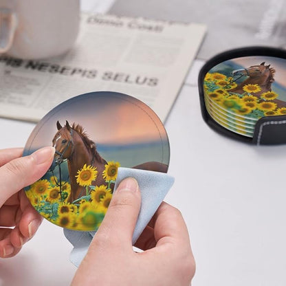 6 Pcs Horse Sunflowers Leather Coasters