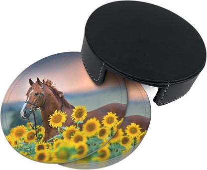 6 Pcs Horse Sunflowers Leather Coasters