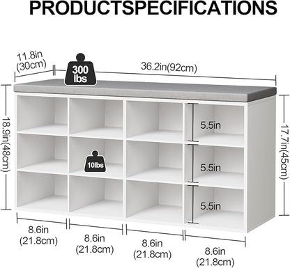 12-Cubby Shoe Rack with Cushion, 3-Tier Wood Shoe Organizer, Multifunctional Shoe Organizer Bench for Entryway, Mudroom, Hallway, Closet,36.22 * 11.81 * 17.7 Inch, White