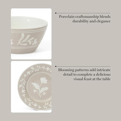 Martha Stewart Maiden Crown 12-Piece Taupe Dinnerware Set – Vegan Bone China Ceramic Plates & Bowls – Floral Design – Service for 4 – Dishwasher & Microwave Safe