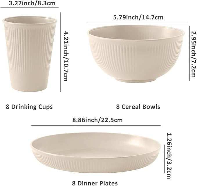 24pcs Wheat Straw Dinnerware Sets For 8, Unbreakable Plates and Bowls Wheat Straw Dinnerware Microwavable Cups Plates and Bowls Sets Shatterproof For Outdoor Kitchen Camping