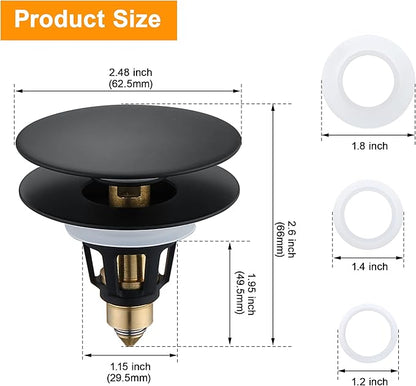 Universal Bathroom Sink Drain Stopper - 1.1~1.5" Pop Up Drain Stopper, Anti-Clogging Bounce Basin Filter with Hair Catcher, Stainless Steel Sink Drain Strainer (Matte Black)
