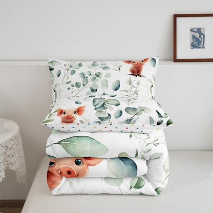 Erosebridal Kawaii Pig Queen Comforter Set for Boys Girls Cartoon Animal Bedding Set Queen, Eucalyptus Leaves Bedding Comforter Sets Farm Wildlife Duvet Set, Tropical Plants Quilted Comforter