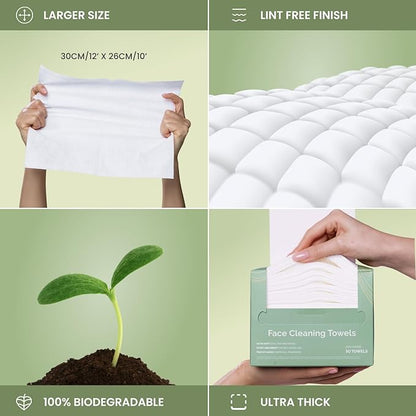 PLANTIFIQUE Disposable Face Towels XL 10"x12" - 100% Biodegradable Viscose Facial Towelettes for Women Skin Care - Face Cleaning Towel 15 Count