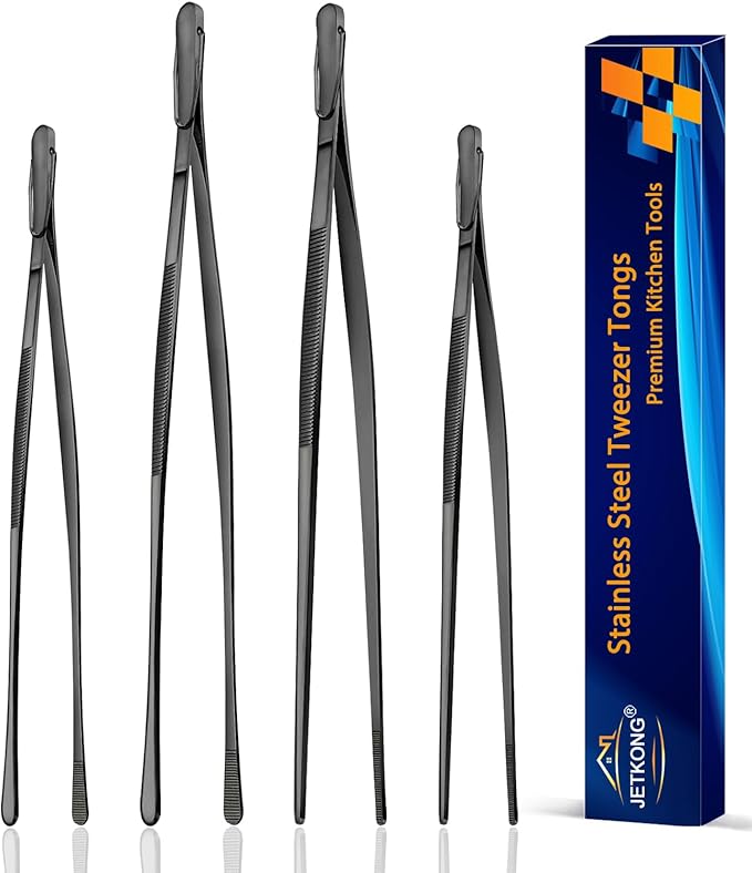 JETKONG 4 Pcs Kitchen Tweezers, 12'' and 10'' Stainless Steel Cooking Tweezers Set, High-Precision Tweezers Tongs for Cooking, Repairing, Seafood and BBQ (Black)