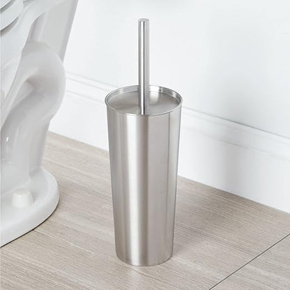 mDesign Metal Freestanding Slim Toilet Bowl Brush and Holder + Rectangle Narrow 5 Liter / 1.3 Gallon Step Pedal Trash Can Wastebasket for Bathroom - Small, Compact Design - Set of 2 - Brushed/Chrome