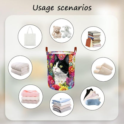 Laundry Baskets 15.7x19.7 Inch Large Cat Floral Garden Design Collapsible Laundry Hamper with Handles Oxford Fabric Clothes Storage Bin Foldable Dirty Clothes Organizer for Bedroom Bathroom Dorm