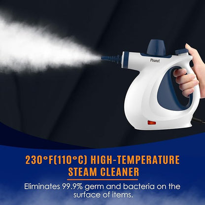Pressurized Handheld Multi-Surface Natural Steam Cleaner with 12 pcs Accessories, Multi-Purpose Steamer for Home Use, Steamer for Cleaning Floor, Upholstery, Grout and Car (White&Blue)