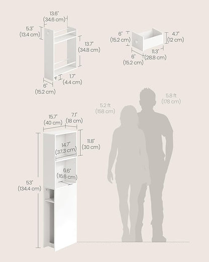 VASAGLE Slim Storage Cabinet, Narrow Freestanding Cabinet with Drawers and Adjustable Shelf, Modern Linen Tower for Living Room Bathroom Bedroom, White UBBK567T14
