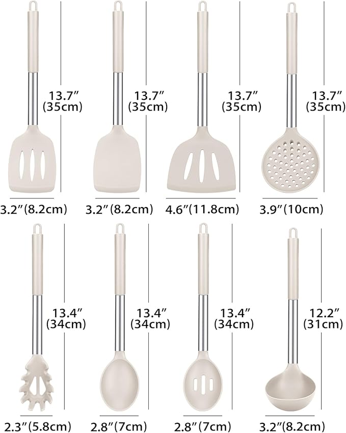 Silicone Cooking Utensil Set, 8Pcs Non-stick Cookwares with Stainless Steel Handle, BPA Free Heat Resistant Kitchen Tools with Spatulas, Turners, Spoons, Skimmer and Pasta Fork (KHAKI)
